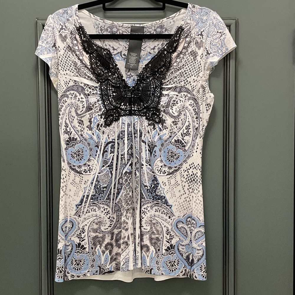 Covington Light Blue & Black Paisley Lace-Accent Short Sleeve Top